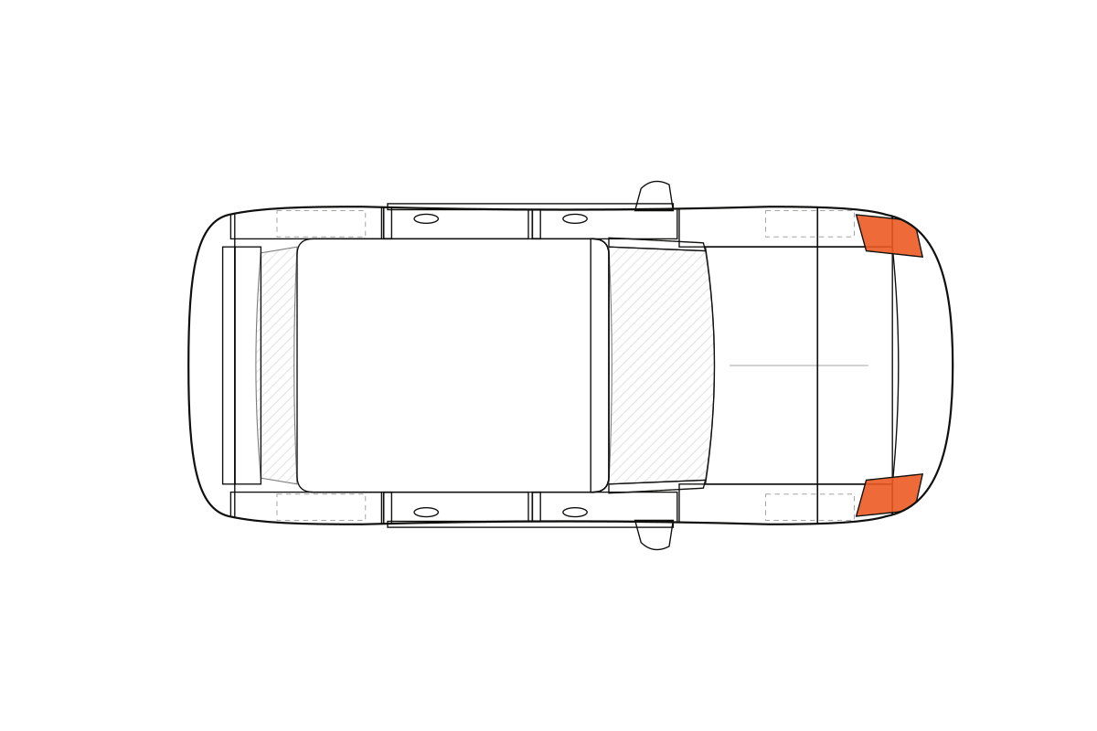 Headlights paint protection film coverage on a hatchback / wagon, top view